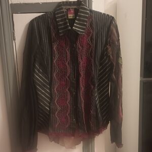 Save the Queen Striped Sheer Shirt with Embroidered Details
